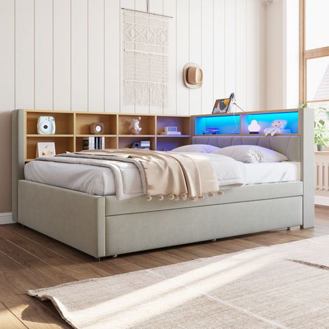 Canapé-lit multifonction 140x200 gris clair, lit escamotable 90x190 avec lumières LED, prises et compartiments de rangement, canapé rembourré en flanelle, lit simple convertible.