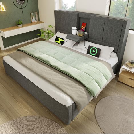 Cama tapizada 140x200 cm gris de lino con almacenamiento hidráulico y estación de carga (1/5)
