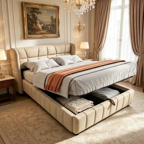 Cama tapizada con almacenamiento (213x150x101 cm), mecanismo de elevación, estructura metálica, tejido beige (1/5)