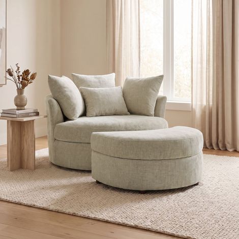 Fauteuil rond loveuse pivotante + coffre en tissu chenille beige (1/5)