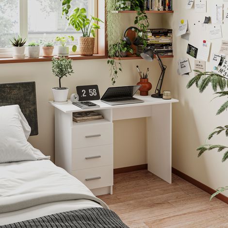 Platzsparender, moderner Schreibtisch mit 3 Schubladen und offenem Fach, Holzschreibtisch für Büro, Arbeitszimmer und Schlafzimmer, 100 x 40 x 75 cm, Weiß
