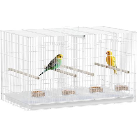 Beyamis Vogelkäfig mit Trennwand, 4 Holzsitzstangen, herausziehbarer Schale und 4 Futternäpfen, für Wellensittiche, Unzertrennliche und Kanarienvögel, 76 x 46 x 46 cm, Weiß
