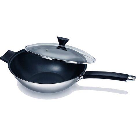 Ensemble de Wok Revêtement Antiadhésif Acier Inoxydable 32cm Set de 2 Pièces Poele Wok Induction avec Couvercle en Verre Passe au lave-vaisselle (1/5)