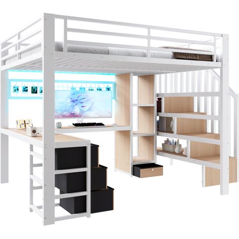 Lit mezzanine 140 x 200 cm avec bureau intégré, lit adulte structure en fer avec penderie led, 4 tiroirs et escalier de rangement, sans matelas, blanc (1/5)
