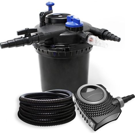 Wiltec Komplettset: CPF-15000 Teichdruckfilter bis 30000 L mit 18 Watt UV-C Teichklärer, NEO8000 SuperEco Teichpumpe 8000l/h 70W, 25m Teichschlauch 25 mm (1")
