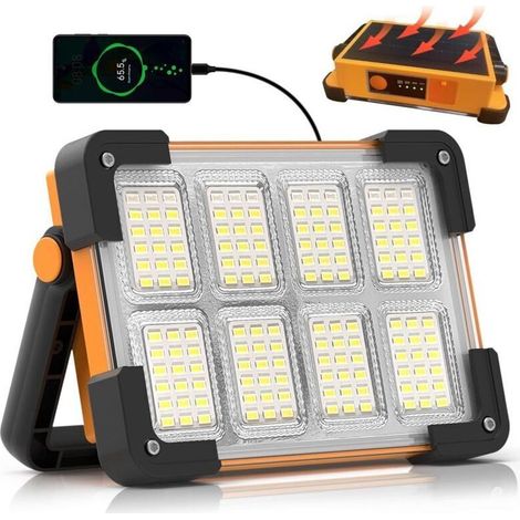 100W Projecteur LED Rechargeable,Projecteur LED Chantier Portable Solaire & Batterie Rechargeable,4 Modes 5400mAh Lampe de Travail Pour Camping, Chantier, Garage, Atelier [Classe énergétique E]