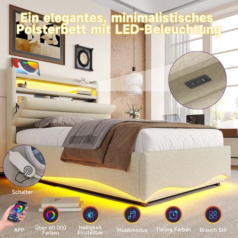Lit beige en lin 90x200 cm avec éclairage LED, mécanisme hydraulique, ports USB-C, rangement latéral et étagères, sans matelas
