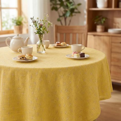 Nappe ronde 140 cm Jaune avec broderie en croix, lavable, polyester