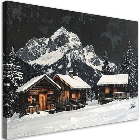 Quadro su tela, Paesaggio invernale montagna casette bosco montagne, 30x20 (1/5)