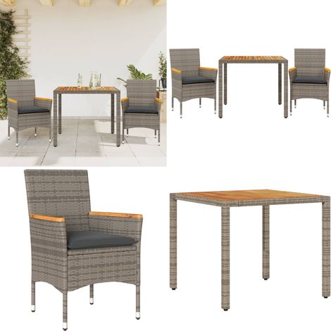 Ensemble à manger de jardin et coussins 3 pcs gris rotin acacia - Meubles De Jardin - Salon De Jardin - Set De Jardin - Mobilier Extérieur - Table De Jardin - Home & Living (1/5)