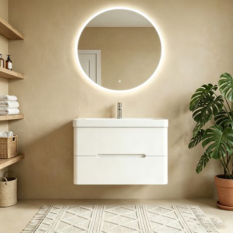 Meuble Salle de Bains avec vasque/lavabo FIDJI 80 suspendu laqué Blanc brillant avec plan en résine (1/5)