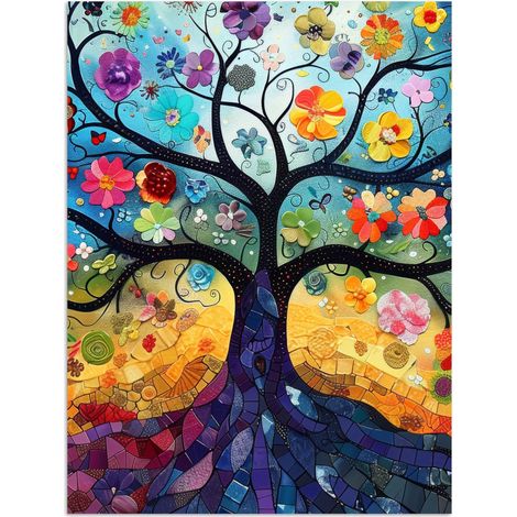 AFFICHE Art - Arbre de vie - Fleurs - Hippie Décoration Murale 60x80 cm (1/4)
