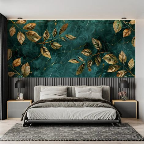 Papier Peint Feuillage - Branches Dorées et Marbrées - 400 x 260 cm (1/2)