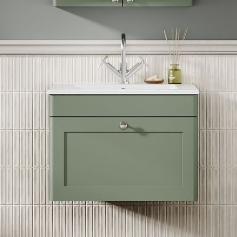 Nuie Classique Wall Hung 1-Drawer Vanity Unit with 1TH Minimalist Basin 600mm Wide - Satin Green (1/5)