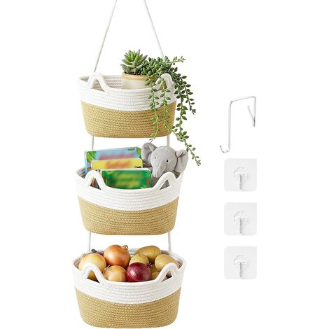 Panier mural suspendu 3 niveaux, corde coton, rangement porte avec 4 crochets, déco bohème kaki. (1/5)