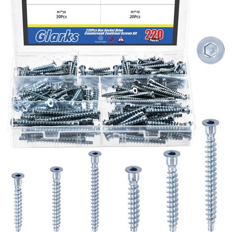 220pcs M5 x 35/40/50mm M7 x 40/50/70mm Kit de vis de confirmation plaquée zinc, Vide auto-roscante d'entraînement à prise hexagonale en acier au carbone (1/5)