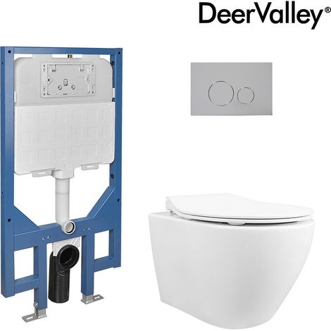 Bâti-support WC suspendu DeerValley – Pack avec WC mural, abattant blanc et plaque de commande chromée DV-1F0069-CF