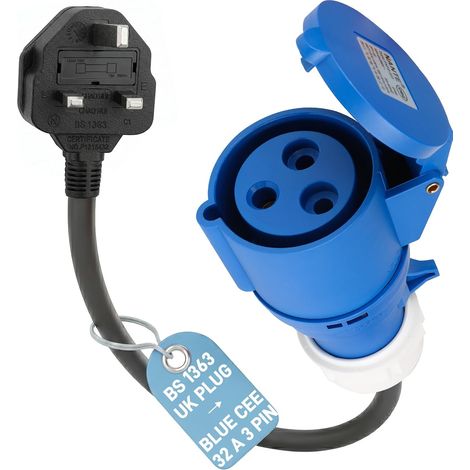 Adaptateur CEE (Fiche UK Type G 13 A Mâle vers Prise Femelle CEE P17 Bleue 32 A, 3 Pôles) Câble Adaptateur 3G2,5 mm², 0,5 m / 230 V/Max. 13 A pour Chargeur VE, Garage et Atelier (1/5)