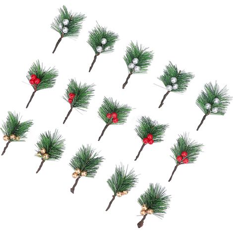 Aiguilles de pin de baies de houx de noël, 15 pièces, pics artificiels rouge argent or pour décoration de vacances (1/5)