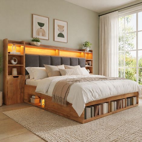 Letto in legno color rovere 160x200 cm con illuminazione a LED, porte USB/USB-C, vano contenitore, comodini mobili e rete a doghe inclusi. (1/5)
