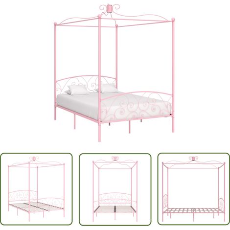 The Living Store Cadre de lit à baldaquin sans matelas rose métal 140x200 cm - Cadre De Lit - Lit À Baldaquin - Lit Double - Lit Rose - Lit Metal (1/5)