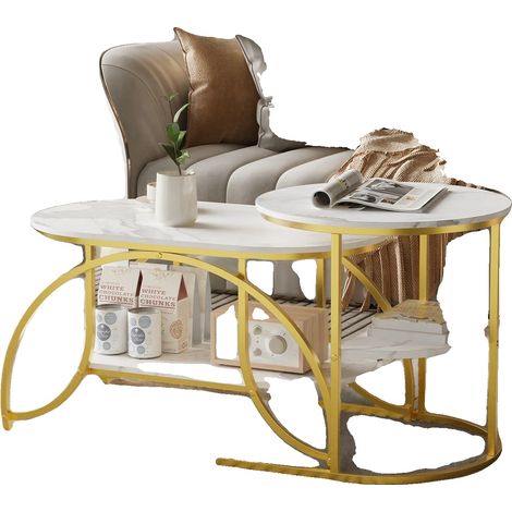 Niedrige Tische, Rundes Design, Zwei-Ebenen-Speicher, Gold (1/2)