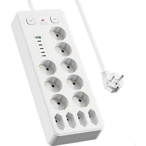 Multiprise avec 8 prises Schuko et 4 prises plates, 12 prises multiprises avec 1 USB-A et 5 USB-C, câble de 2 m, sécurité enfant, montage mural, blanc (1/5)