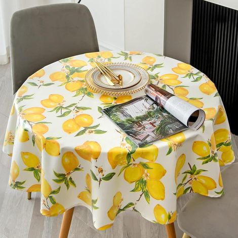 Tischdecke Zitrone Frühling Sommer, rund 140 cm, gelb, wasserdicht, schmutzabweisend