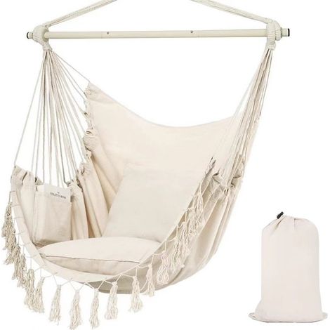 Chaise-hamac, balancelle d'intérieur, balançoire à cordes, idée cadeau, inclut 2 coussins, grande chaise suspendue, adaptée pour l'intérieur et l'extérieur (Blanc)