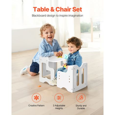Ensemble Table et Chaises pour Diversification Alimentaire Enfants, Mobilier pour DME en Bois avec Tableau Noir, Table de Sevrage Hauteur Réglable, pour Dessiner Lire Manger, Tout-petits, Blanc (1/5)