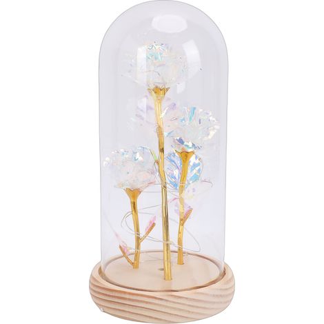 Leuchtende Rosen-Dekoration mit Glaskuppel und LED-Beleuchtung – das perfekte Geschenk für Mutter, Freundin, zum Geburtstag oder zu Feiertagen. 3 Rosen + Glaskuppel + Holzsockel + warmweißes Licht (1/5)