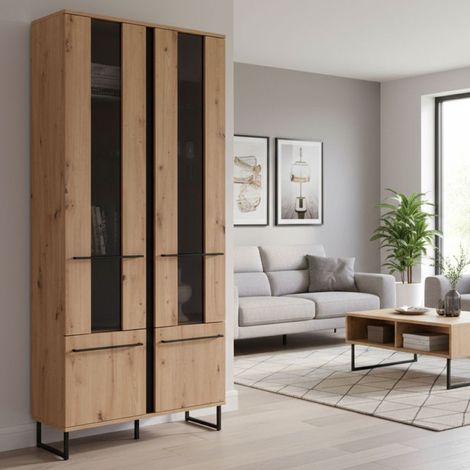 Vitrina Gissi, Mueble Expositor 8 Estantes, Puertas Abatibles, 4 Puertas, 84.5x35x193.5h cm Marrón Roble Nodo