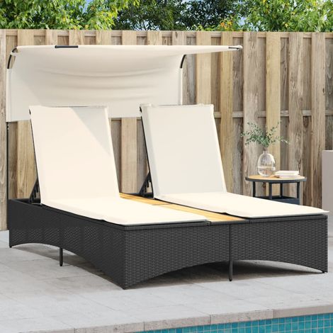 vidaXL Double Sun Lounger with Canopy and Cushions Black Poly Rattan