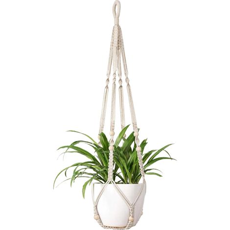 Suspension pour plantes en macramé, 89 cm, coton tissé bohème avec perles et bois (1/5)