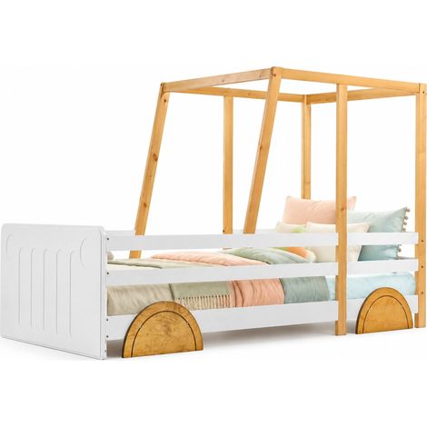 Lit voiture enfant 90x200 cm avec barrières de sécurité, structure en bois de pin et MDF, blanc et naturel, style ludique pour chambre enfant CHICFURN (1/5)