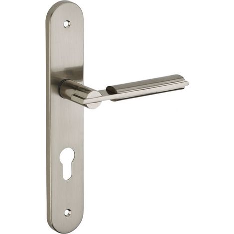 Poignée de porte d'entrée à cylindre Gaia – Acier embouti nickelé brossé – Entr'axe 195 mm – Dimensions carré 7 mm (1/2)