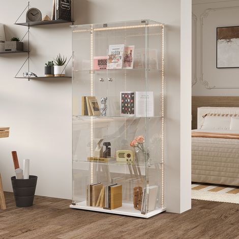 ADWOLT - Vitrine en Verre - 4 étagères et 2 porte -Vitrine avec LED - 78.5 x 35 x 163 cm - Blanc -Pour Salon, Chambre