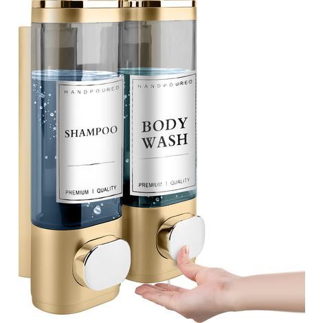 Wall-Mounted Soap Dispenser, Shower Gel Dispenser, Double Shampoo and Conditioner Dispenser, No Drilling Required, ABS, for Bathroom, Kitchen, Market, Hotel, Restaurant, 300ML (Gold) (1/5)