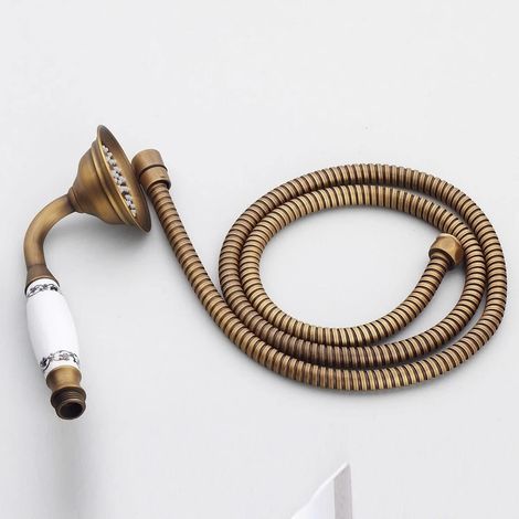 Cabezal de ducha de bronce con manguera de 1,5 metros, ducha de mano de cerámica blanca de estilo vintage (1 pieza) (1/5)