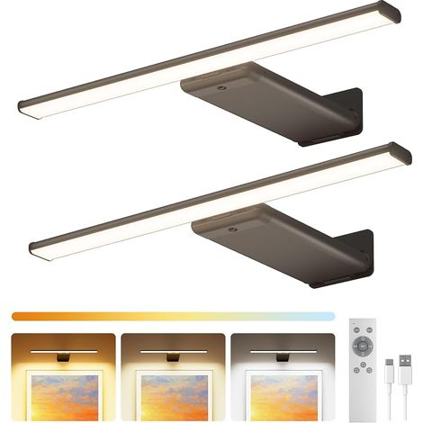 Lampe de Tableau Sans Fil Rechargeable 12000mAh avec Télécommande, Éclairage LED Dimmable pour Peintures et Cadres, Applique Murale Intérieur, 3 Couleurs, CRI 95+, Minuterie & Mémoire, Noir, Lot de 2 (1/5)