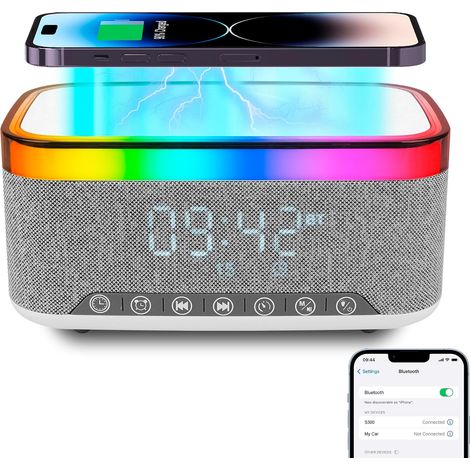 Lampe de Charge sans Fil, Reveil Chargeur Induction, Enceinte Bluetooth avec éclairage d'ambiance synchronisé avec la Musique, Réveil numérique,pour Chambre/Camping/décor de Salon (1/5)