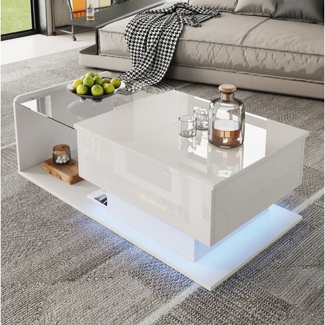 Table basse relevable 100x50x33/47.5 cm blanche en panneau de particules et verre avec LED et rangement (1/5)
