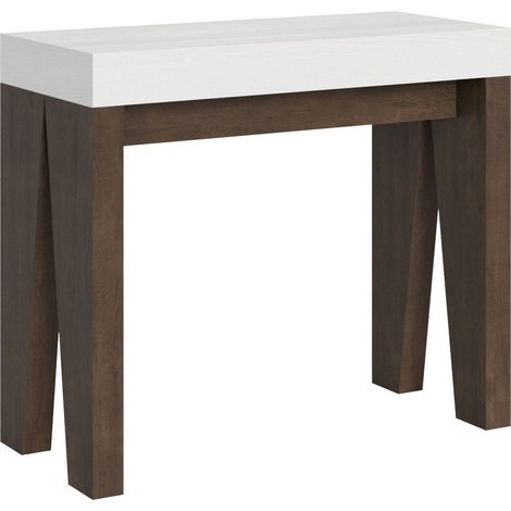 Console extensible blanche pieds bois noyer 8 personnes 40 à 196cm Naxo-Pied et support sur roulettes (1/5)