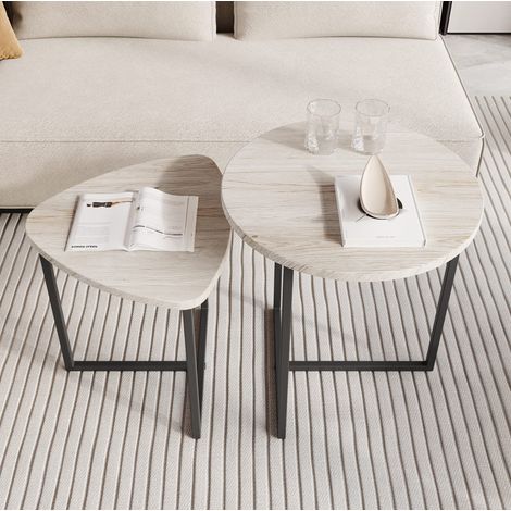 Table basse ronde 2 pièces en panneau de particules et acier inox, chêne blanc américain, gain de place (1/5)