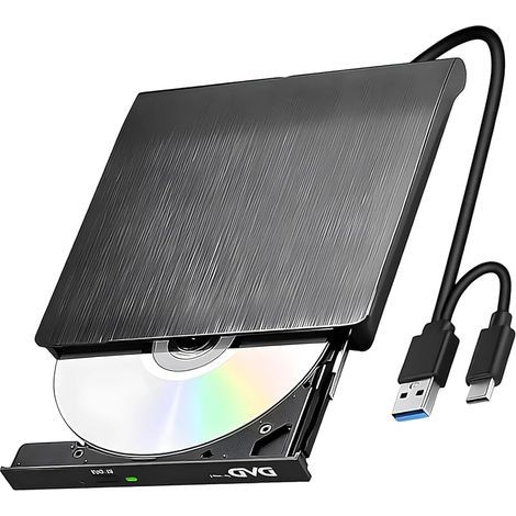 Lecteur CD DVD Externe pour PC USB 3.0 & Type C, Portable Graveur DVD Externe, Plug and Play CD/DVD +/-RW Drive, Mince DVD Player Câble USB Intégrée pour Windows/MacOS/Laptop/Desktops/Linux (1/5)