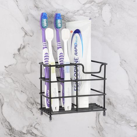 Schwarzer Wand-/Tischhalter aus Edelstahl mit 5 Fächern für elektrische Zahnbürste, Zahnpasta und Rasierer.