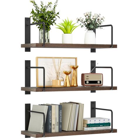 Etagere Murale Bois Lot de 3, Rustique Étagères Salle de Bain, Décoration et Rangement Tablettes Flottantes pour Salon, Cuisine, Chambre, Bureau (Brun) (1/5)