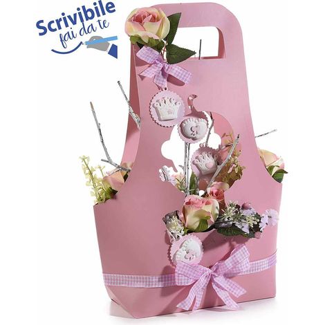 Cestini porta fiori a forma di bimba in carta rosa semi idrorepellente scrivibile fai da te perfetta, set da 6 pezzi, cm30x10x34,5H (con manici 42)