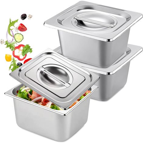 Lot de 3 Bac Inox Alimentaire, Récipients en Acier Inoxydable avec Couvercle, Plat Four Rectangulaire, Plats à Four en Acier Inoxydable, Récipient Gastronorme Alimentaire, 17,6 x 16,2 x 10 cm (1/5)