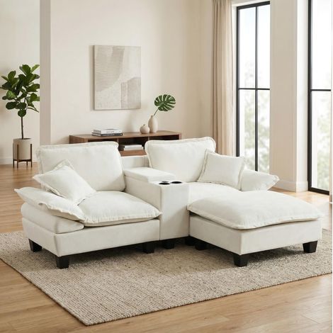 Canapé modulable d’angle 224x151x90 cm beige en chenille avec rangement, ports USB, porte-gobelets et ottomane (1/5)